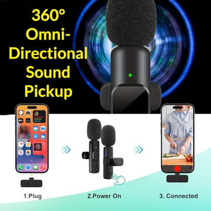 Wireless Lavalier Microphone USB-C Devices, Dual Clip-On Mics with Receiver+USB-C to iOS Adapter, Plug&Play Mic Set for Video Recording, Interviews, Streaming, YouTube, Vlogging, TikTok