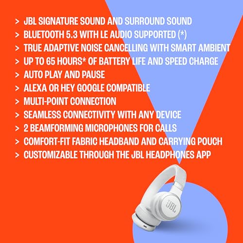 JBL Live 670NC Wireless On-Ear Headphones, Adaptive NC - Black | Bluetooth Headphones With Surround Sound, up to 65H Battery Life, Fast Charging, Built-In Mic, Voice Assistant, Foldable - color: Black