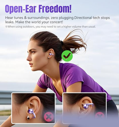 King Lucky Clip-On Earbuds Gen 3, Open-Ear Wireless Bluetooth 6.0 Headphones with Mic, Secure Fit for Small Ears & Glasses Wearers, 50H Playtime, LED Digital Display, ENC, IPX5 Waterproof (Purple) - color: Purple, size: Digital Display