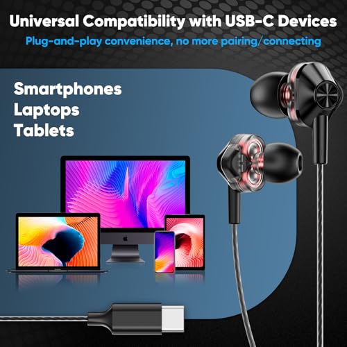 USB-C Wired In-Ear Earbuds with Mic, Dual Driver for Hi-Fi Stereo Sound | Deep Bass, Noise Isolating Fit, 5ft Tangle-Free Cable, 3-Button Remote, for iPhone 15/16/17& Android Phones, 2-Year Warranty