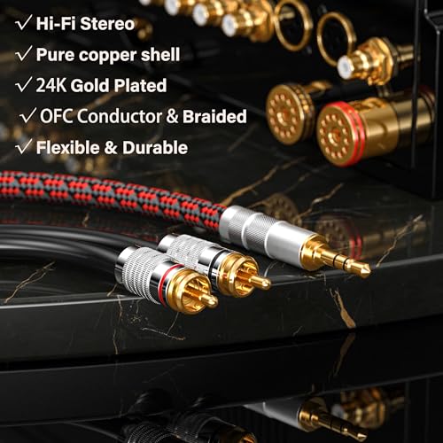 RCA to 3.5mm Cable 3.2FT, Aux to RCA Headphone Male to Male Jack Adapter Audiophile Braided Gold Plated Audio Y Cord for Smartphones,Tablets,Speakers,MP3,HDTV and More - size: 3.2FT, style: Straight 3.5mm to 2 RCA