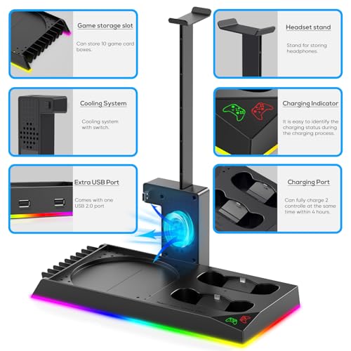 Upgrade Stand for Xbox Series X with Back Cooling Fan& RGB Lights, Charging Station with Controller Charger Dock &Game Storage Rack Organizer& Headset Stand with 2X1400 mAh Rechargeable Battery Pack