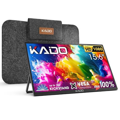 Kado Portable Monitor 15.6'' Ultra-Slim 100% sRGB 1080p IPS Second Display | 180° Kickstand Laptop Monitor 1920x1080, Carrying Case for PC, Mac, Phone, Dex, Xbox, PS5, USB-C & HDMI Connectivity - size: Kickstand