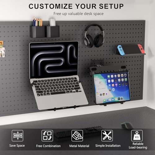 WALI Articulating Pegboard Adjustable Mount for Laptop and Monitor 2 in 1 with Vented Tray, Fits 1" Hole Spacing & Up to 1/4" Hole Diameter, Supports Laptop or Monitor Under 8.8lbs, PM00LP, Black - size: 1 inch hole