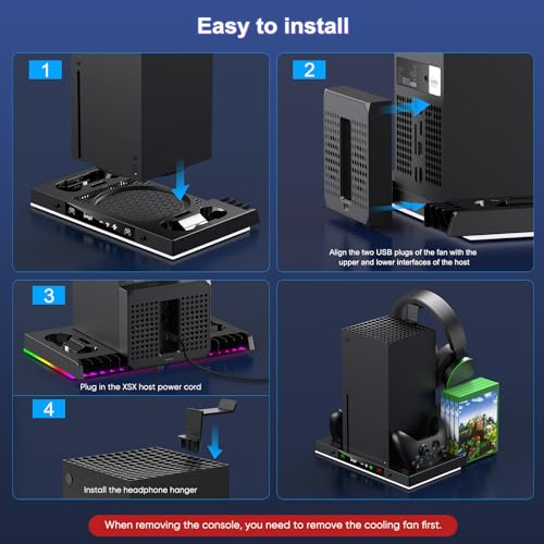 LED Cooling Stand & Charging Station for Xbox Series X Console | Cooling Fan Station for Xbox Series X Accessories with 2X 1400mAh Rechargeable Controller Battery Pack, 15 Light Modes - color: Carbon Black