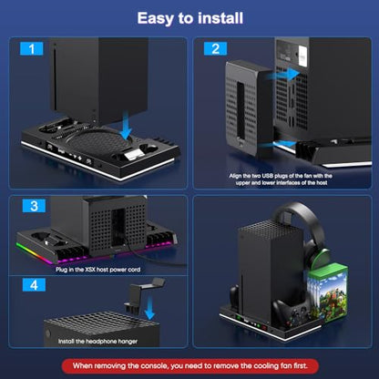 LED Cooling Stand & Charging Station for Xbox Series X Console | Cooling Fan Station for Xbox Series X Accessories with 2X 1400mAh Rechargeable Controller Battery Pack, 15 Light Modes - color: Carbon Black