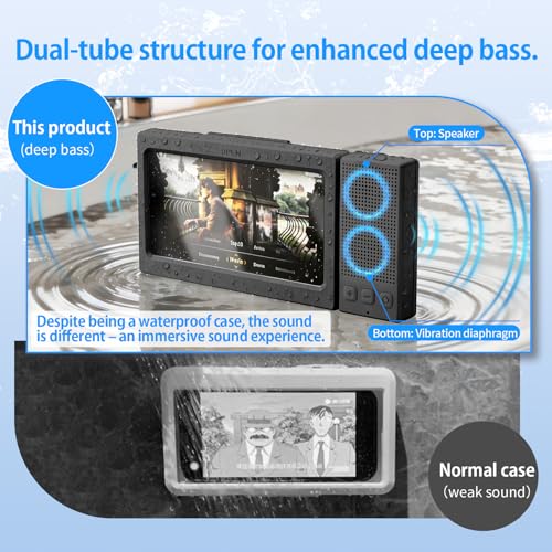 Shower Phone Holder Waterproof with Dual Bluetooth Speaker,360°Rotatable Shower Phone Case,Anti-Fog Bathroom Wall Mount for Mirror Bathtub Kitchen,Fits iPhone 17 16 S26U 4-7" Phone Stand(Deep Black) - color: Deep Black