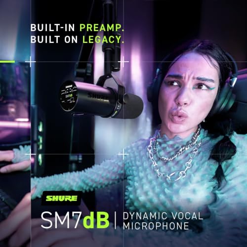 Shure SM7dB Dynamic Vocal Mic with Preamp for Streaming - Black | Dynamic vocal mic with built-in preamp for streaming, podcasting and recording; warm smooth sound, rugged build - style: SM7dB