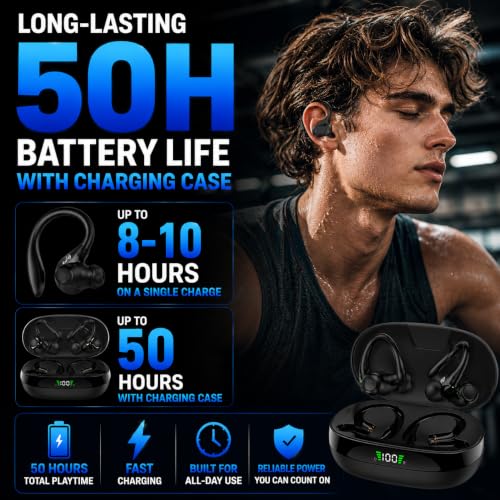 Audance Wireless Sport Earbuds with Ear Hooks, Bluetooth 5.4 Secure Fit Ear Buds for Running & Gym, Sweatproof IPX7, 50H Playtime Charging Case, 4-Mic Clear Call Deep Bass Earphones for iOS & Android