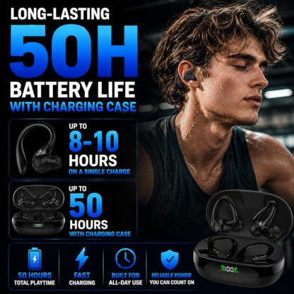 Audance Wireless Sport Earbuds with Ear Hooks, Bluetooth 5.4 Secure Fit Ear Buds for Running & Gym, Sweatproof IPX7, 50H Playtime Charging Case, 4-Mic Clear Call Deep Bass Earphones for iOS & Android