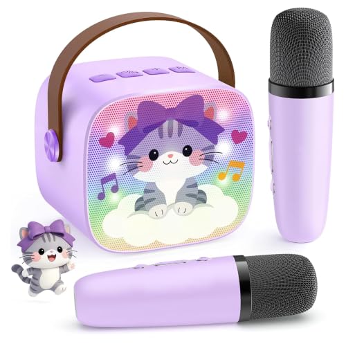 YLL Karaoke Machine for Kids, Portable Mini Speaker with 2 Wireless Microphones, Kids Toy Gifts for Girls Ages 3, 4, 5, 6, 7, 8, 9, 10+ Years Old, 4-12th Birthday Singing Home Family Party - color: Violet-Cat