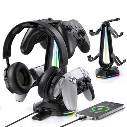 Gaming Headphones Stand with 12 Light Modes - Controller Holder for Desk, RGB Gaming Headset Stand with 2 USB Charging Ports - Supports Data Transfer, Earphone Hanger Accessories for Desktop Gamer