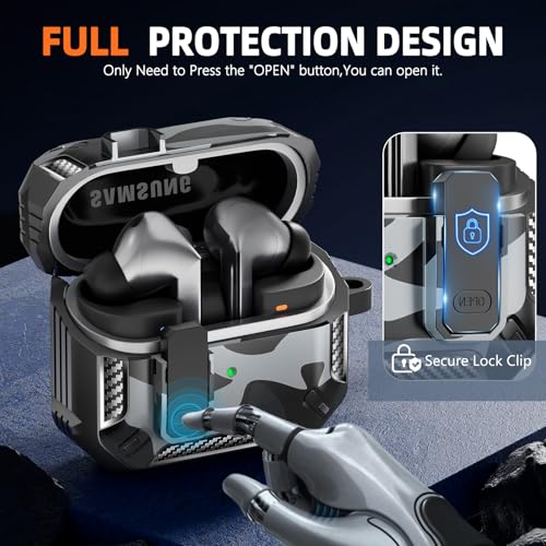 Safety Lock Case for Samsung Galaxy Buds3 FE/3/3 Pro (C-Grey) | with Secure Lock Clip & Cleaning kit Full Body Shockproof Carbon Fiber Protection Design - color: B-C-grey