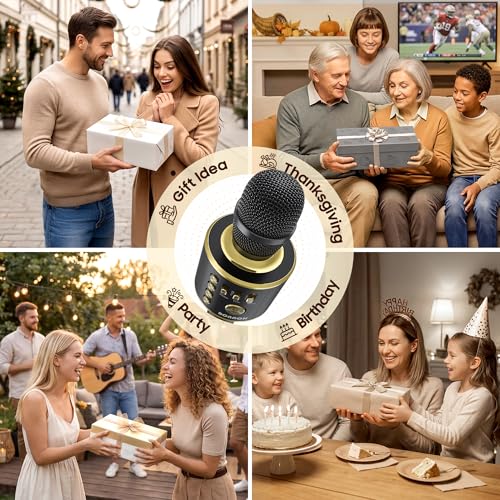 BONAOK Wireless Bluetooth Karaoke Microphone, 3-in-1 Portable Handheld Mic Speaker Machine for All Smartphones, Gifts to Girls Boys Kids Adults All Age Q37(Black Gold) - color: Black Gold