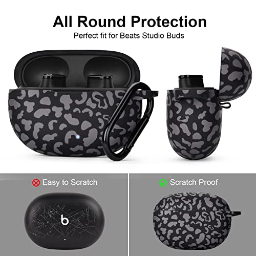 AIRSPO Silicone Case Compatible with Beats Studio Buds Case 2021 Soft Protective Cover for Beats Wireless Earbuds with Keychain (Black Leopard) - color: Black Leopard