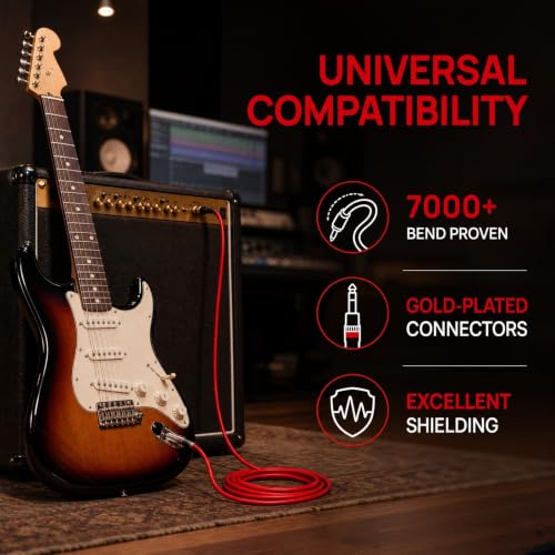 1/4 Inch TRS Patch Cable 1ft 2-Pack, Balanced OFC Instrument Cable for Guitar Bass Keyboard Pedal Board, Gold-Plated Studio Recording Live Performance Cable for Fender Gibson Yamaha, Red