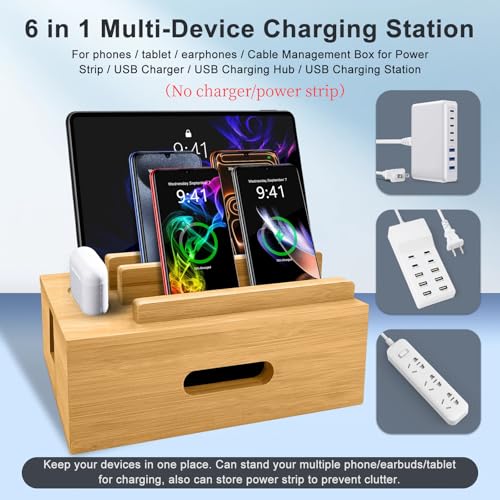 Bamboo Charging Station for Multiple Devices, Cable Management Box for Power Strip, USB Charger & USB Charging Hub/Station, Wood Docking Station Desktop Organizer Bedside Table Organizer
