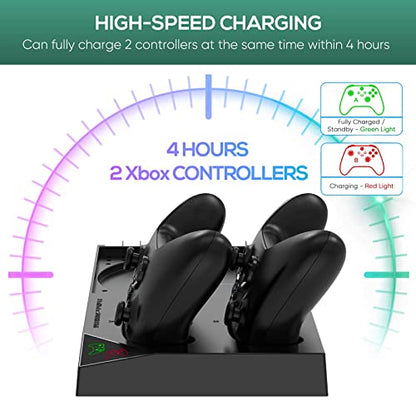 FASTSNAIL Vertical Cooling Fan & Charging Stand for Xbox Series X, Charger Station for Xbox Series X Controller with 2 Pack 1400mAh Rechargeable Batteries, Accessories with Game Slot & Headset Holder
