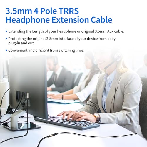 3.5mm TRRS Headphone Extension Cable 6.6 Feet /2M 4 Pole 1/8 Inch Auxiliary Audio Mini Jack Cord with Microphone Female to Male Compatible with Smartphone, iPhone, iPad, Tablet, etc - size: 6.6 Feet / 2M
