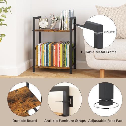 Small Bookshelf for Small Space, 2 Tier Industrial Bookcase,Narrow Book Case Storage Organizer Book Shelf for Living Room, Bedroom and Office, Easy Assembly(2 Tier,Rustic Brown) - size: 2 Tier
