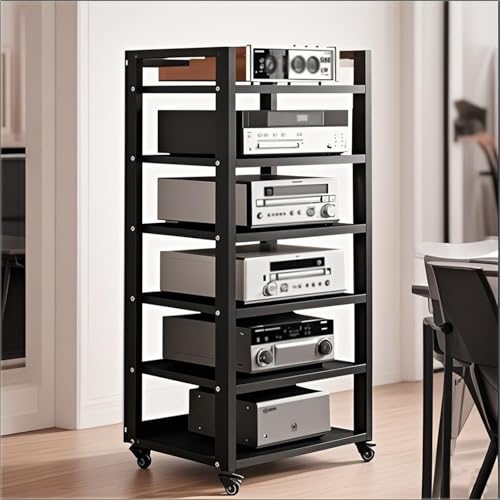 6 Tier Audio Rack Tower, CD Record Player Stereo Receiver AV Equipment Cabinet Display Rack, Weight Capacity 661 lbs, with Adjustable Wooden Shelves for Home (6 Tier Black) - size: 6 Tier Black