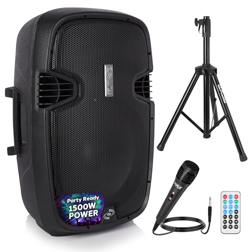 Pyle PPHP155ST Wireless Portable PA Speaker System - 1500W High Powered Bluetooth Compatible Active Outdoor Sound Speakers w/ USB SD MP3 RCA - 35mm Mount, Stand, Microphone, Power Cable, Black, 15"