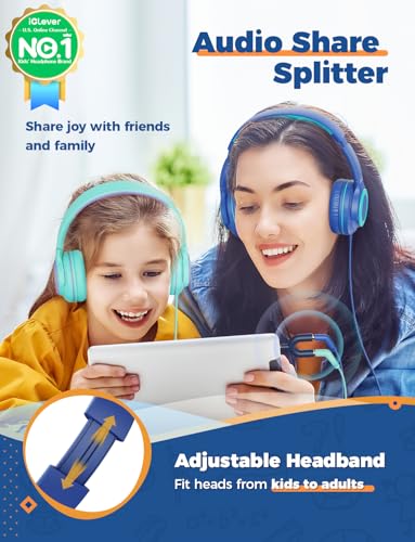 iClever HS22 2-Pack Kids Headphones with Sharing Splitter for School Travel | SafeSound Tech3.0, Share Audio, Tangle-Free, 3.5mm Jack, Foldable, Stereo Sound, Wired Headphones for Kids, Green & Blue - color: Green & Blue
