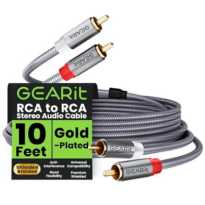 GEARit RCA Cables Car Audio 10ft Copper, RCA Cables Car Audio with Dual Shielding & Gold-Plated Connectors, RCA Cable for Subwoofer Cable, Hi-Fi System, Amplifier, Active Speakers, Gaming Consoles - size: 10 Feet