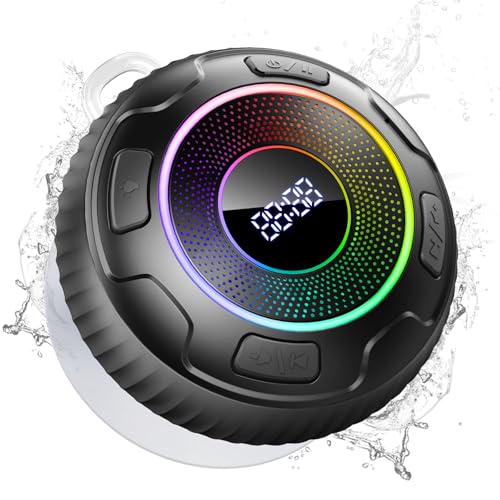 Hupoaf Bluetooth Shower Speaker, Bluetooth Speaker 5.3, 6D Sound, Portable Speaker with Suction Cup/Hook, IPX7 Waterproof, with LED Light/Time Display, for Outdoor/Party/Bathroom//Kayak/Gift
