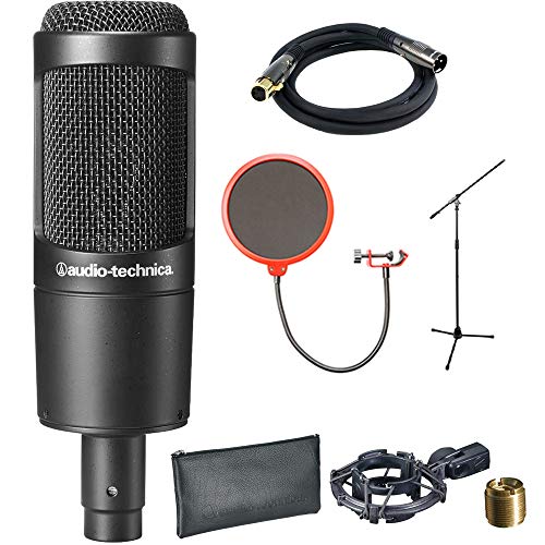 Audio-Technica Cardioid Condenser Microphone (AT2035) with XLR 10' Male to Female Gold Plated Cable, Microphone Wind Screen with Mic Stand Clip & Professional Microphone Stand with Boom