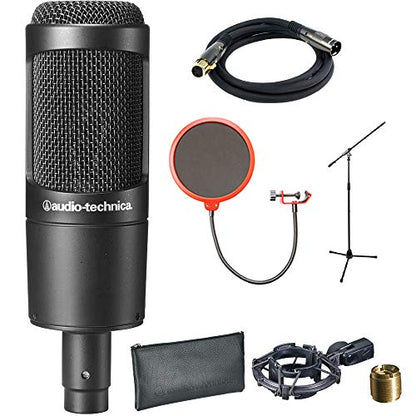 Audio-Technica Cardioid Condenser Microphone (AT2035) with XLR 10' Male to Female Gold Plated Cable, Microphone Wind Screen with Mic Stand Clip & Professional Microphone Stand with Boom