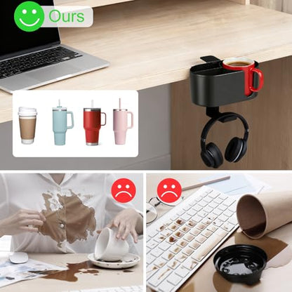 4 in 1 Desk Cup Holder, Clamp On Drink Holder with Headphone Hanger | Anti-Spill Clip on Desk Organizer for Pen Phone Mug, Gaming Office Desk Accessories fits Most Desks - color: Black-2 with Headphone Hanger