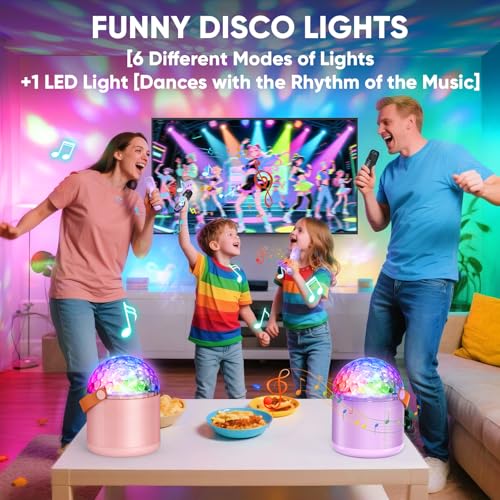 Mini Karaoke Machine for Teens Kids, Birthday Party Gifts Toys for Girl Ages 4 5 6 7 8 9 10 11 12+ Years Old, Portable Bluetooth Speaker with 2 Wireless Microphones and Disco Lights - color: Pink