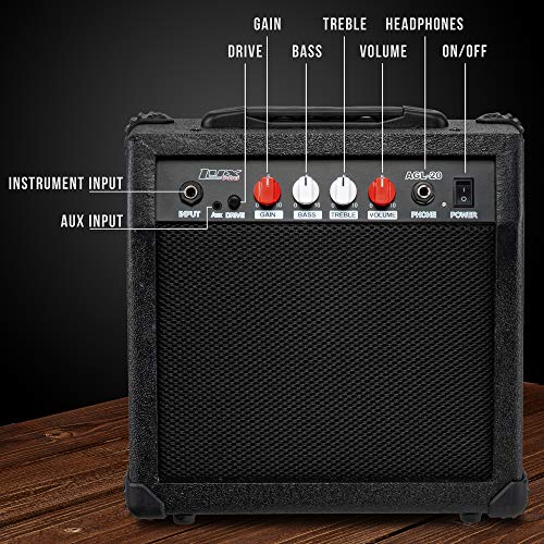 LyxPro Electric Guitar Amp 20 Watt Amplifier Built in Speaker Headphone Jack and Aux Input Includes Gain Bass Treble Volume and Grind - Black - color: Black, size: 20 Watt