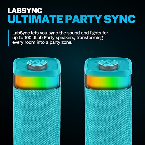 JLab, JBuds Party, Portable Bluetooth Speaker, Waterproof Outdoor Speaker, RGB Lighting, Multi-Speaker Connect, Cyan - color: Cyan