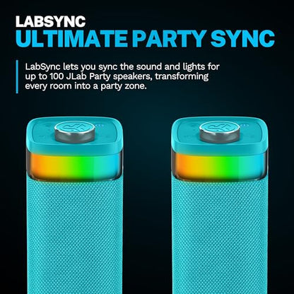 JLab, JBuds Party, Portable Bluetooth Speaker, Waterproof Outdoor Speaker, RGB Lighting, Multi-Speaker Connect, Cyan - color: Cyan