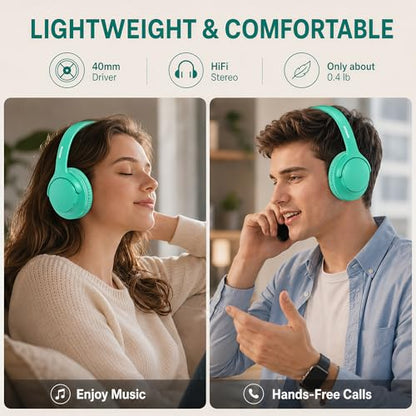 Bluetooth Headphones Wireless 68H with Mic,Decent Sound-Acceptable Cyan | Adjustable Headband Foldable Over-Ear Lightweight for Office/Travel/Tablet/iPad/Laptop,HD Stereo Sound,Aux 3.5mm,Green - color: Cyan