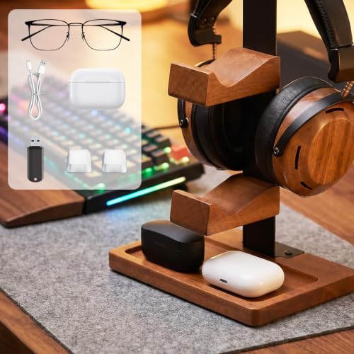 Wooden Headphone and Controller Stand, Wood Controller Stand | Brown Game Controller Holder Durable Headphone Stand with Controller Holder and Storage Base for Game Lover, Game Room Decor