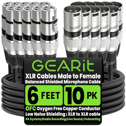 GEARit 22AWG OFC XLR Cables 6 FT 2-Pack Male to Female for Podcast Studios | Balanced 3-Pin Microphone Cables with Dual Shielding for Streamers Content Creators Mixers Interfaces and Home Recording - size: 6 Feet (10-Pack), style: 10 Pack