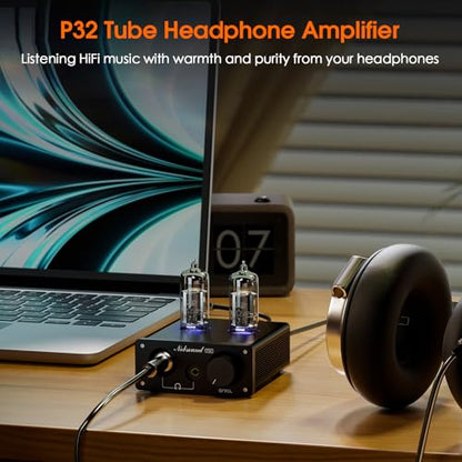 Nobsound P32 Tube Headphone Amplifier: 1000mW HiFi Desktop Preamp for 24–600Ω Headphones & Home Amps Speakers, 3.5mm/6.35mm Jacks, Swappable Tube & Op-Amp