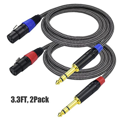 Balanced 1/4" TRS to XLR Female Microphone Cable, 3.3Feet 6.35mm Quarter Inch to 3pin XLR Female Stereo Interconnect Cable, Heavy Duty Nylon Braided, Gold Plated, for Mixer, Speaker -2Pack - size: 3.3Feet, 2Pack