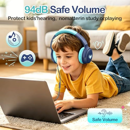 USB-C Kids Headphones, Wired Headphones for Girls Boys, 94dB Volume Limit | LED Lights, 94dB Volume Limit, Stereo Sound Portable Foldable Lightweight for School/iPad/Tablet/Airplane Travel/Toddler - color: Blue