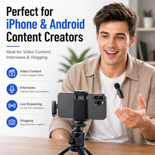 Acuvar Wireless Lavalier Microphone for Vlogging iPhone & Android, 2 Pack Mini Wireless Mic, Plug & Play Clip On Mics for Vlogging Video Recording, Interview, Adapter