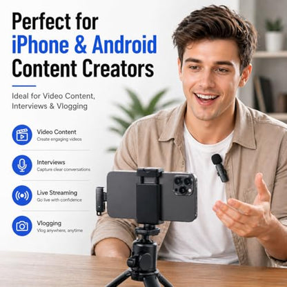 Acuvar Wireless Lavalier Microphone for Vlogging iPhone & Android, 2 Pack Mini Wireless Mic, Plug & Play Clip On Mics for Vlogging Video Recording, Interview, Adapter