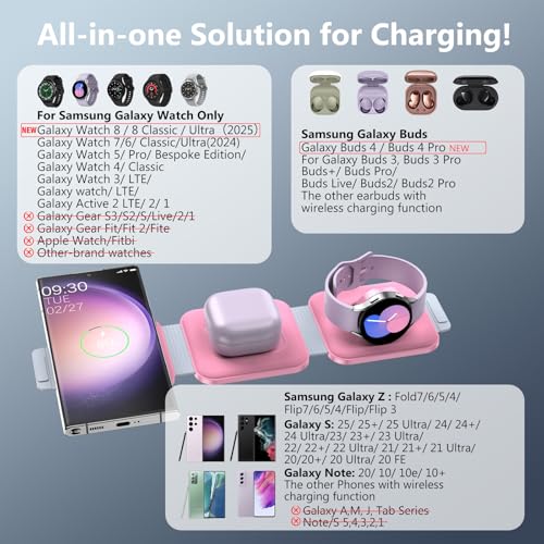 Travel Charger for Samsung Multi Devices, Foldable 3 in 1 Wireless Charging Station Fast Charging Stand/Pad Compatible for Samsung Galaxy S25/S24/S23/S22/S21/Note20 Galaxy Watch8/7/6/5/4/Galaxy Buds4 - color: Pink