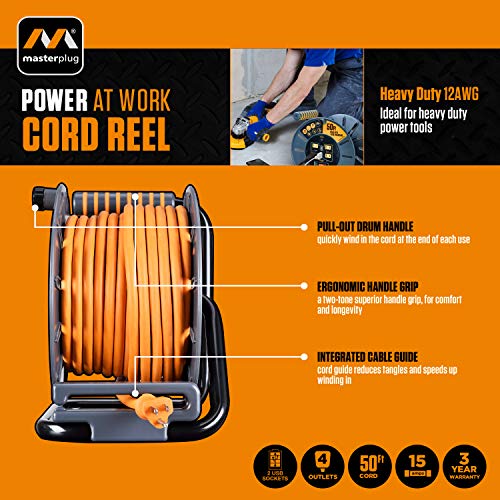 Masterplug 50ft Cord Reel, Retractable Extension Lead with Winding Handle, Safety Overload Circuit Breaker and Power Switch, 4x Grounded Outlets, 2x USB Ports, 15amps, 12AWG Cable - size: 50ft, style: 12 AWG