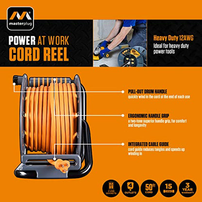 Masterplug 50ft Cord Reel, Retractable Extension Lead with Winding Handle, Safety Overload Circuit Breaker and Power Switch, 4x Grounded Outlets, 2x USB Ports, 15amps, 12AWG Cable - size: 50ft, style: 12 AWG