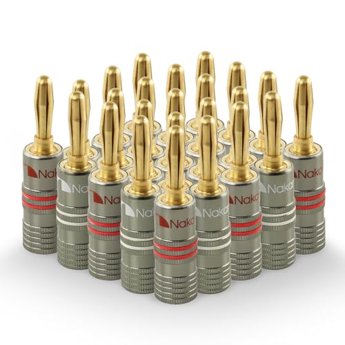 Nakamichi Ultimate Series 24K Gold Plated Beryllium Red Copper Banana Plug 12-18 AWG Gauge Size 4mm Connector for Speakers Wire Amplifiers Hi-Fi Sound Systems (24 Pcs (12-Pairs), Banana Plugs) - size: 24 Pcs (12-Pairs)