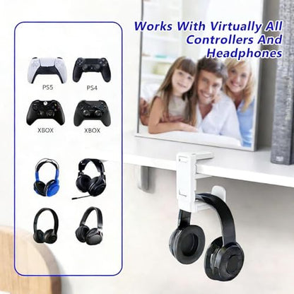 3-in-1 Gaming Headset Stand with Controller Holders Clamp-on Under Desk Rotating Headphone Hanger Adjustable PC Desk Headphone Holder with Cable Organizer - color: white
