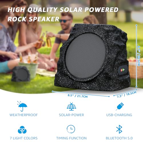 2-Pack Solar Powered Rock Speakers Outdoor Water-Resistant with Lights | 3 Mode Lights Pair Function USB Rechargeable for Patio Pool Outside Garden Party - color: Black